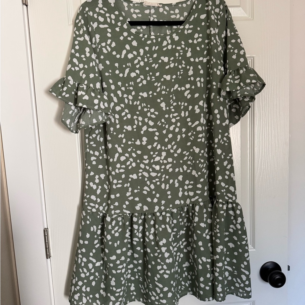 Midi Ruffle Sleeve Spot Print Dress - Olive Green